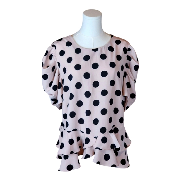 Milk & Honey Tops - Milk & Honey Pink And Black Polka Dot Ruffle Blouse 2X Puff Sleeve Feminine